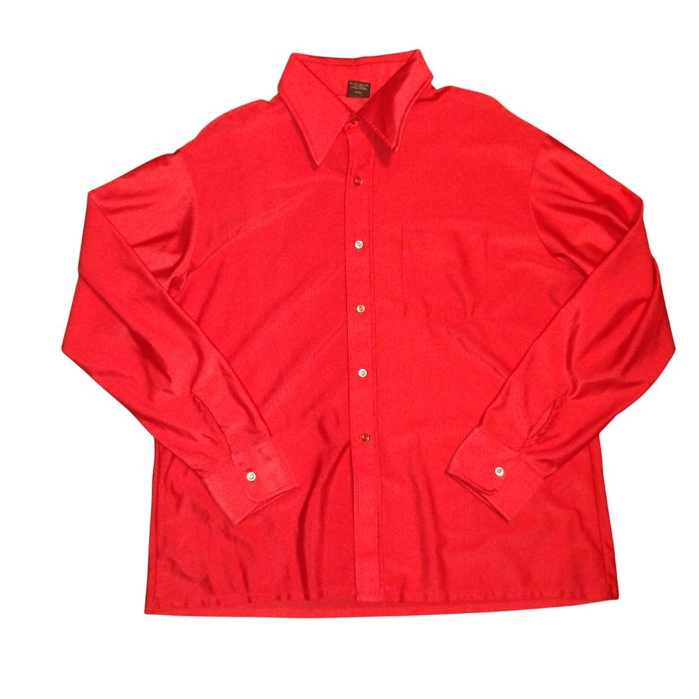 Qiana Shirt XL 17-17.5 Men's 100% Dupont Nylon Disco Button Up Red Long Sleeve